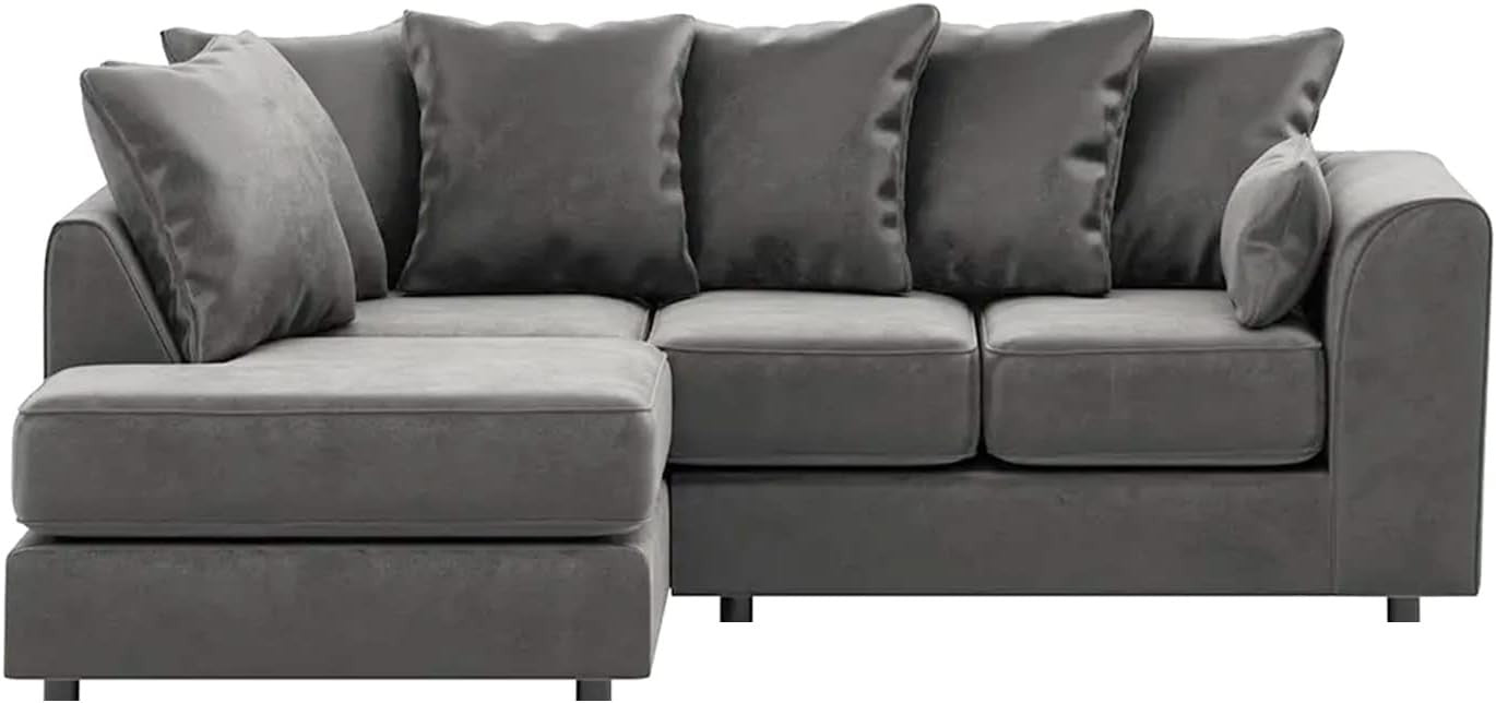 Grey Velvet L-Shaped 4-Seater Corner Sofa Full Foam Cushions LH