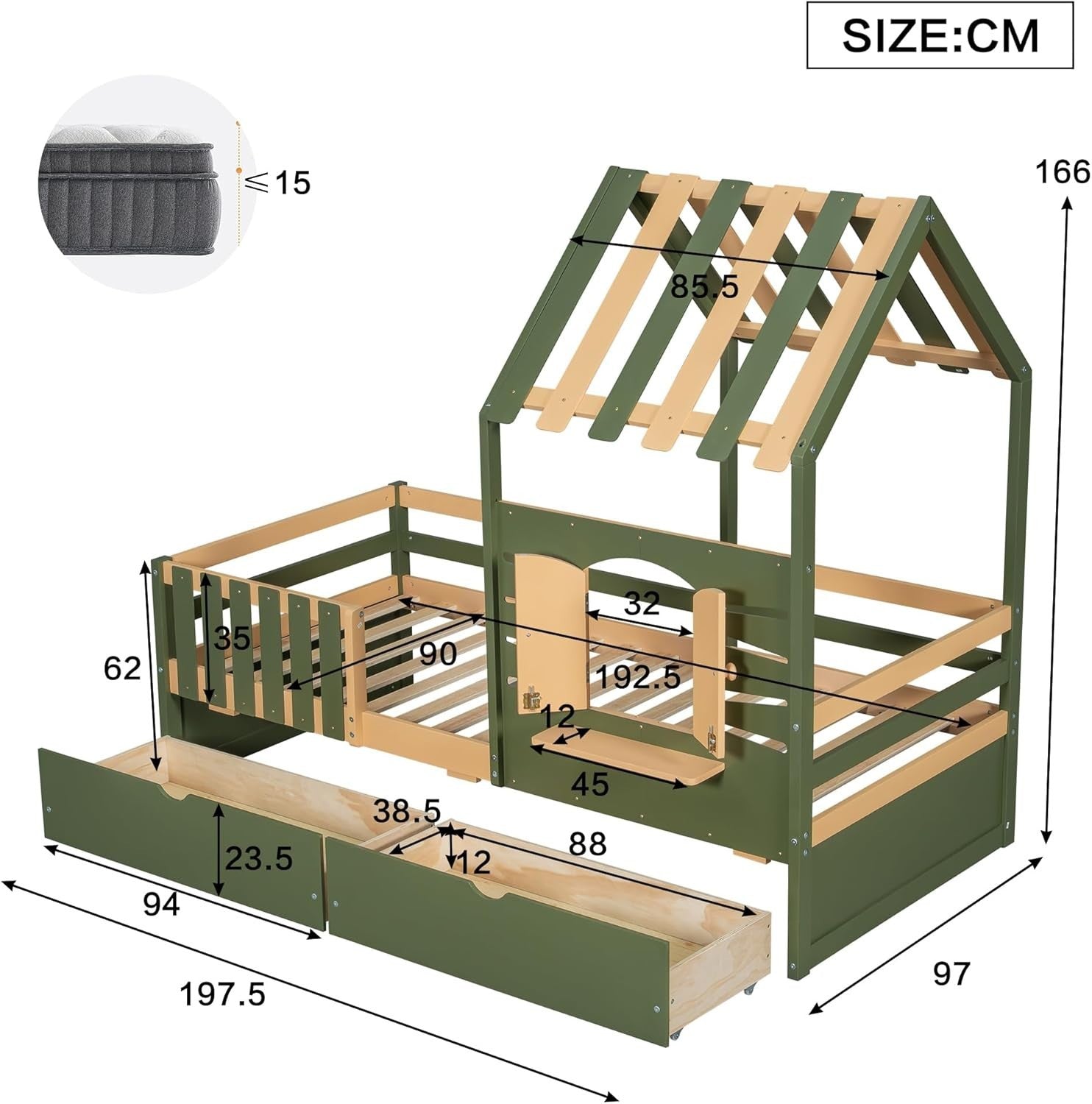 Kids Cabin Bed w/ Drawers 3FT Single Frame Pine House Style Safety Guard