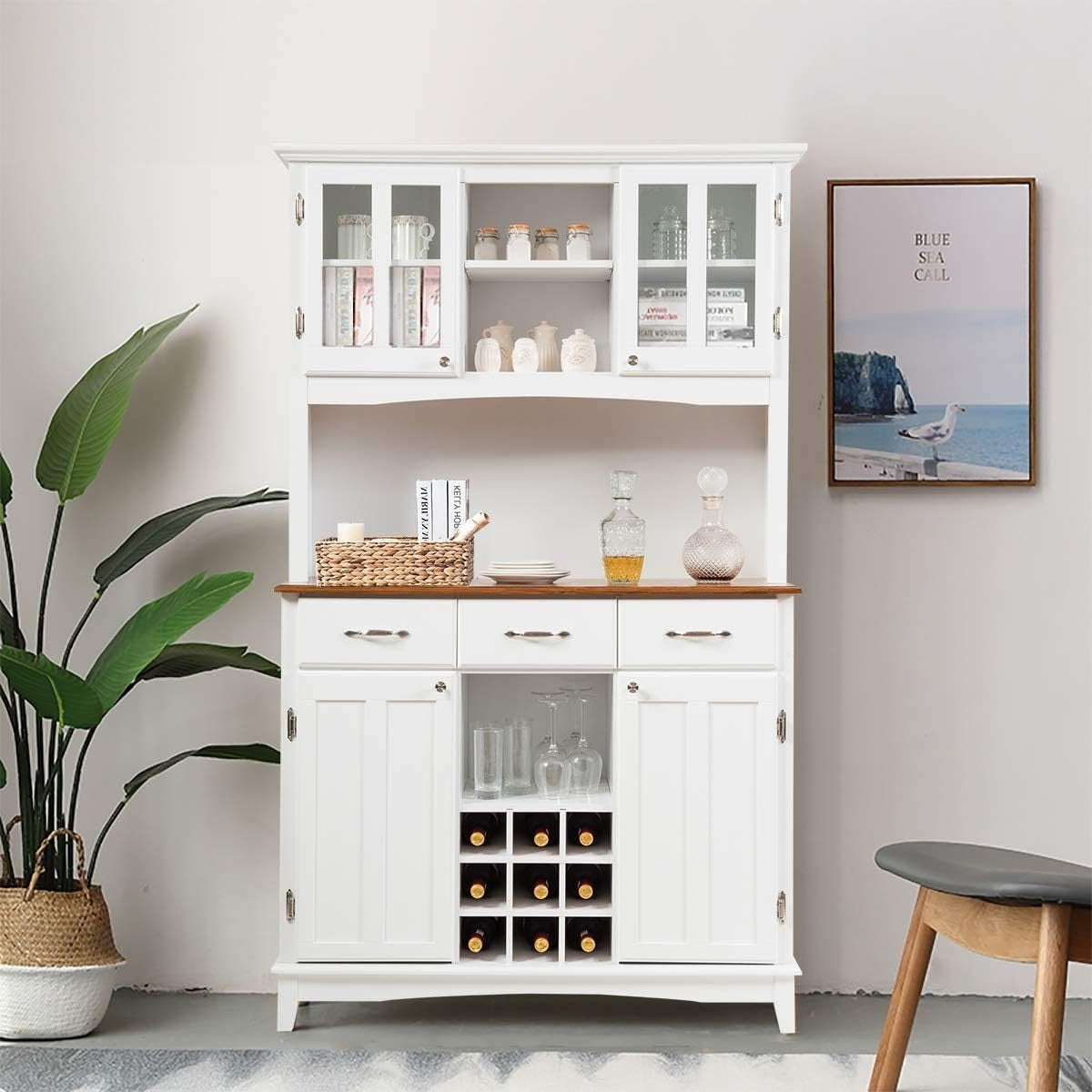 White Tall Kitchen Storage Cabinet Buffet Cupboard with Drawers & Wine
