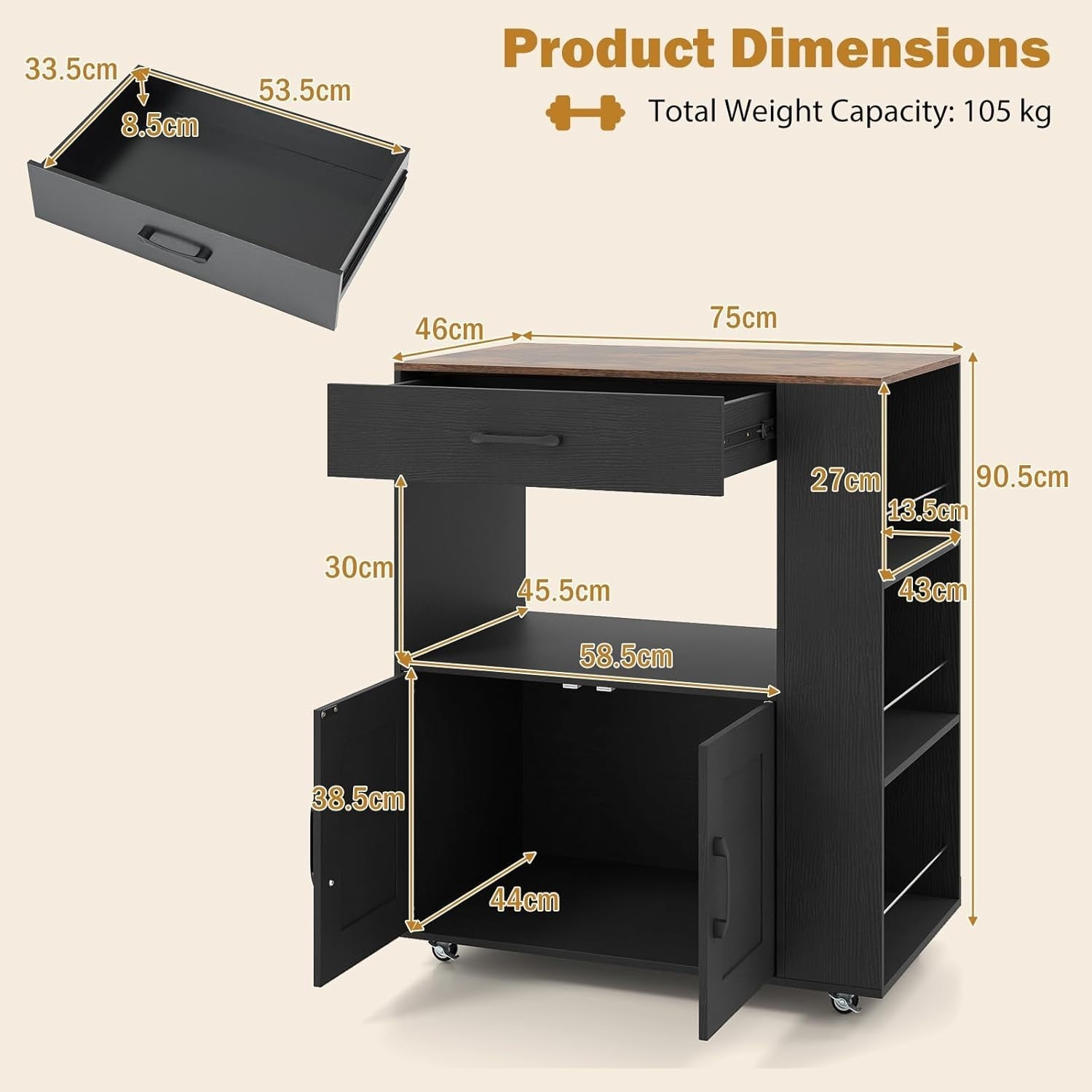 Kitchen Island Trolley Cabinet with Spice Rack Black