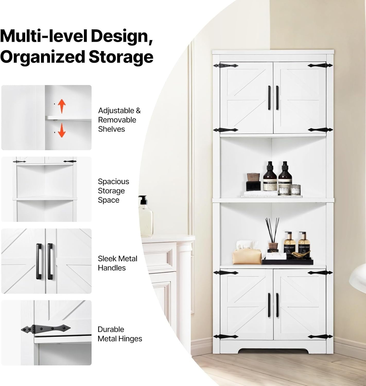 Corner Kitchen Storage Cabinet 68" Tall, 4 Doors, Adjustable Shelves, Space Save