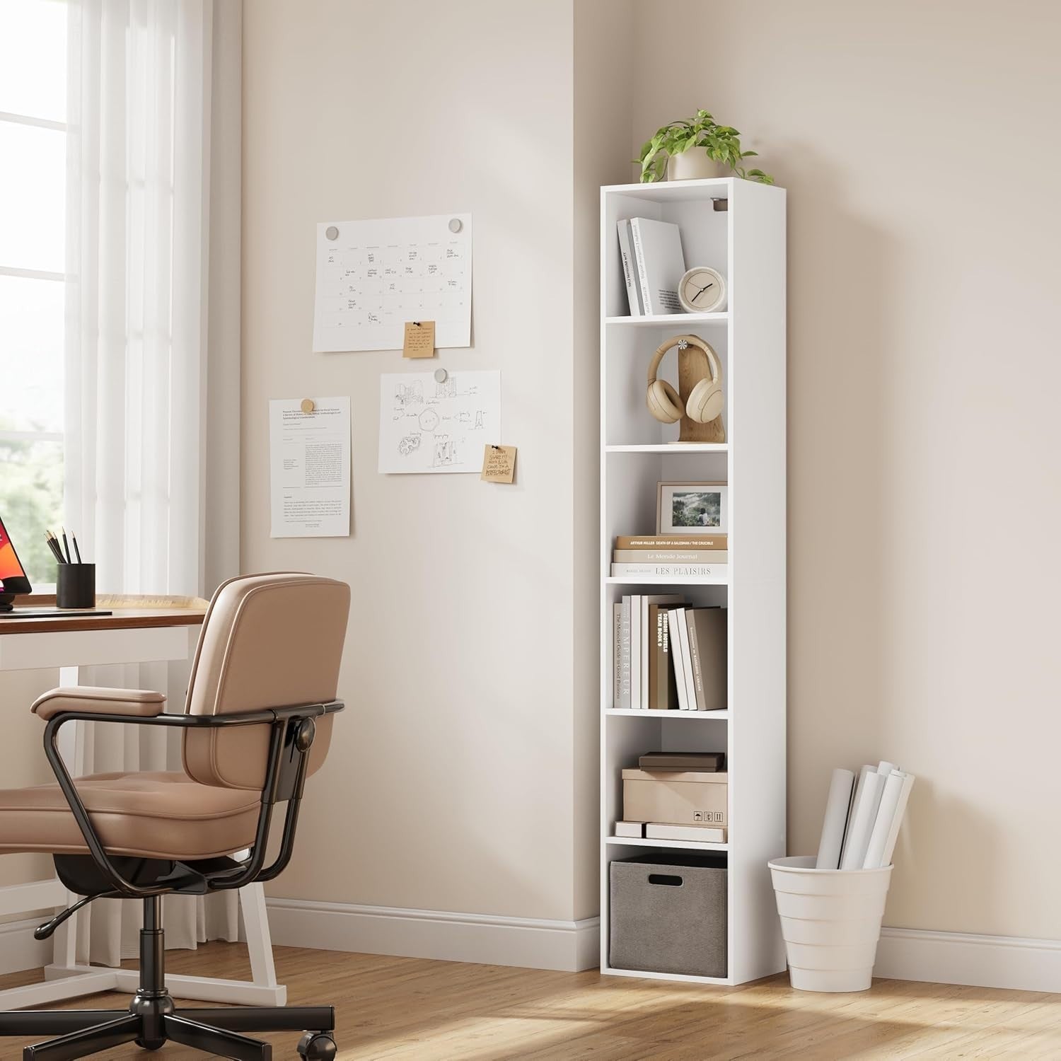 White 6 Cube Bookcase Tall Narrow Storage Shelf Unit for Bedroom or Office