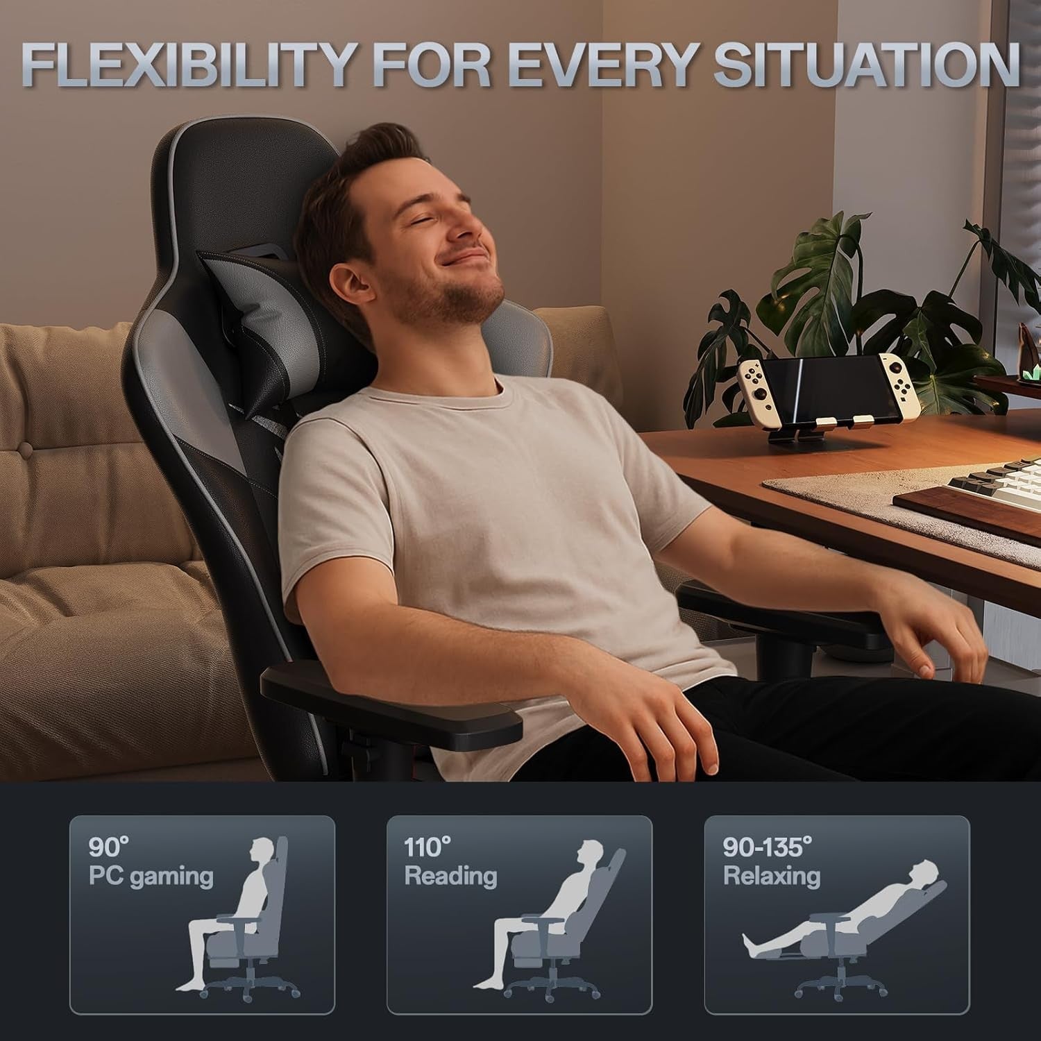 Ergonomic Gaming Chair w/ Footrest 2D Armrests PU Leather Grey