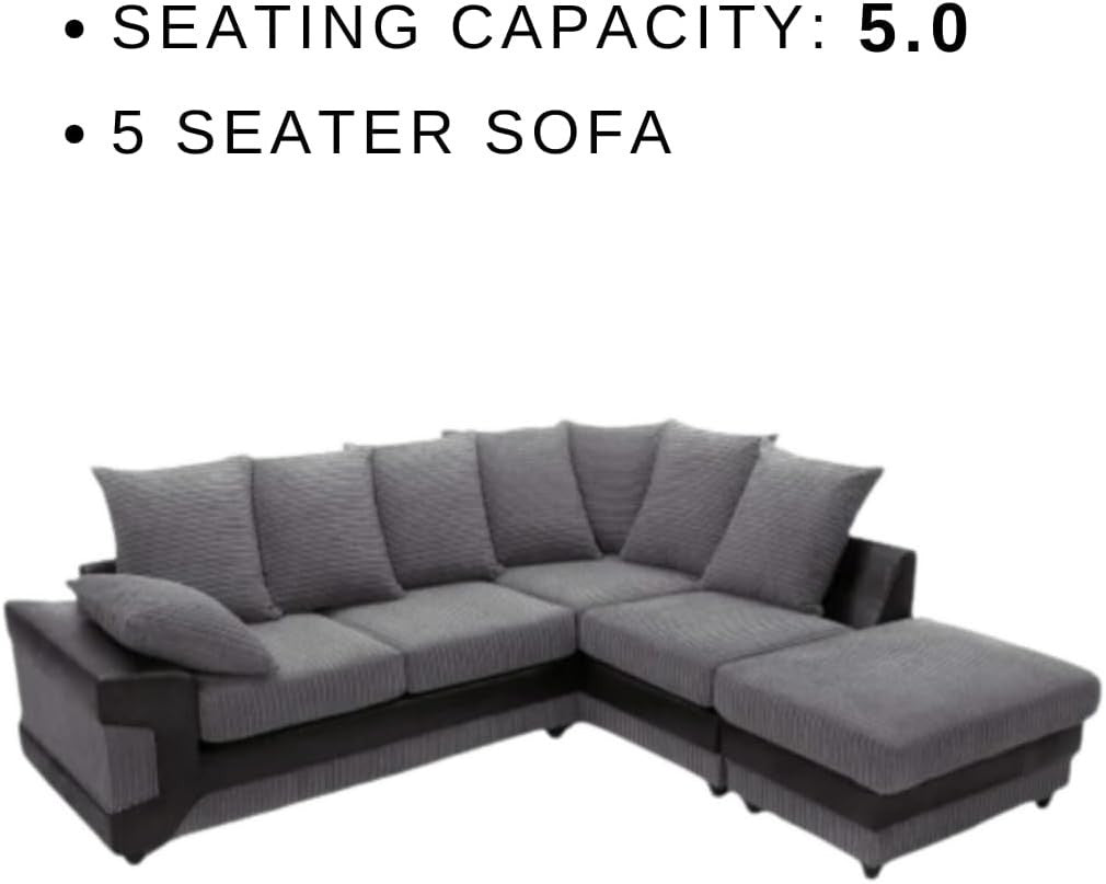 5 Seater Corner Sofa Black & Grey L Shape Couch Fabric Leather Modern
