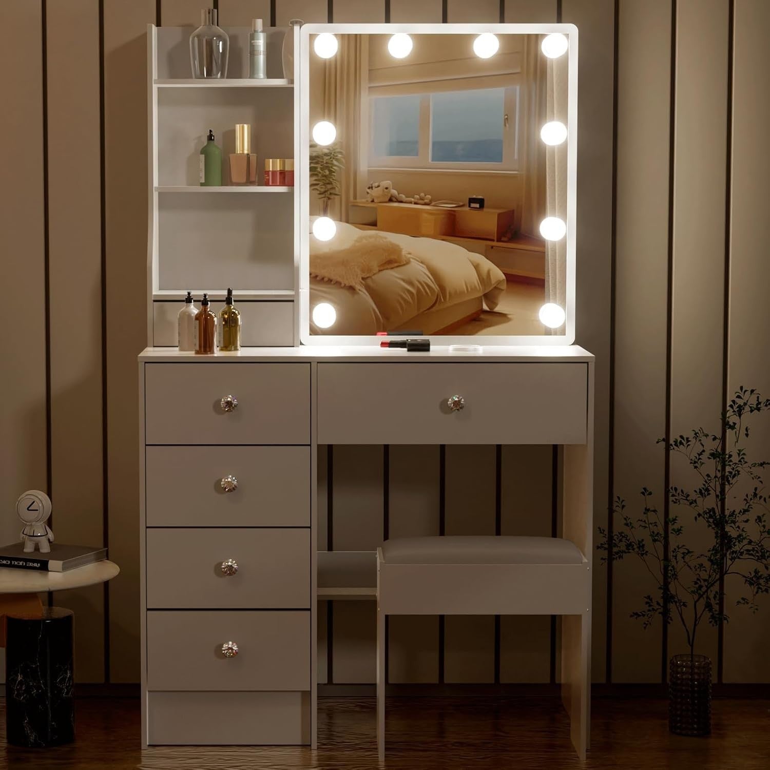 Vanity Makeup Dressing Table Desk 3-Color LED Mirror 6 Drawers Storage Stool Whi