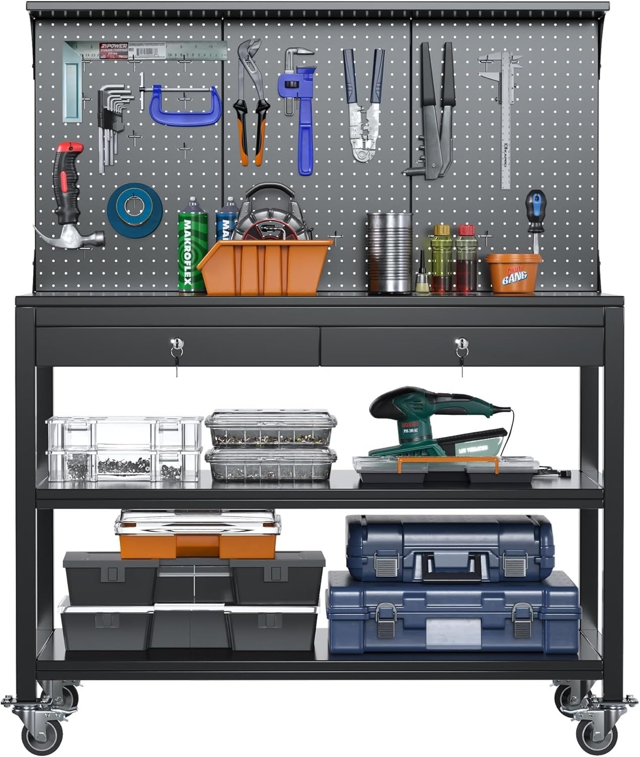 Mobile Heavy Duty Workbench 500kg Pegboard Wheels Lockable Drawers 1500x1000mm