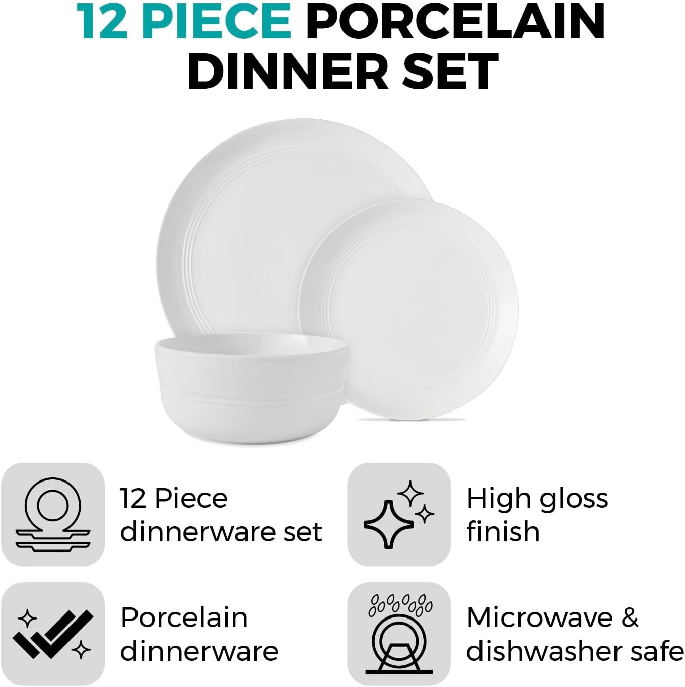 12pc Porcelain Dinner Set Plates Bowls White Microwave Dishwasher Safe