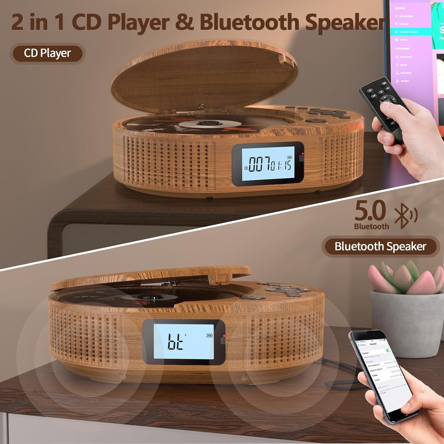 Portable CD Player Bluetooth Speaker Rechargeable FM Radio AUX USB