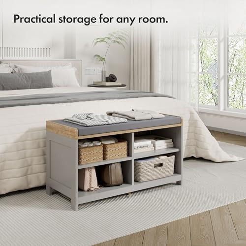 Grey Shoe Storage Bench with Cushion & 4 Shelves – Modern Hallway Unit