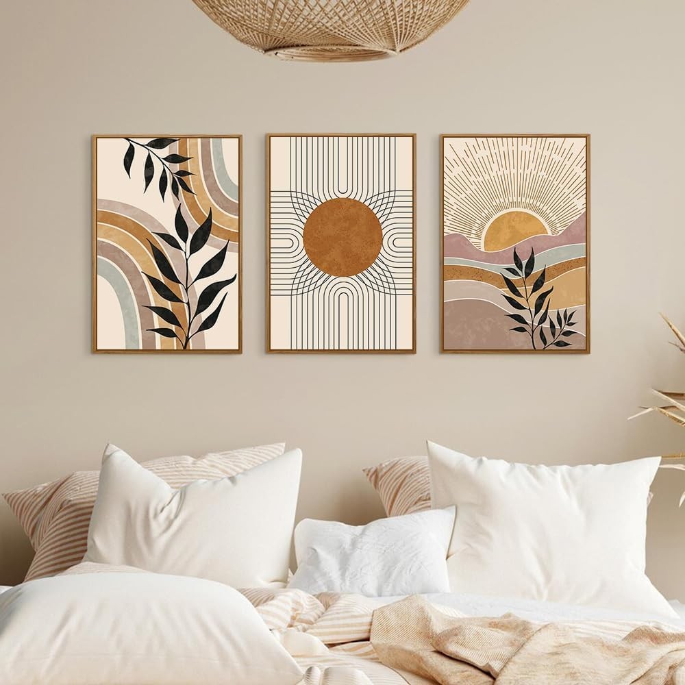 Boho Framed Canvas Wall Art Set of 3 Abstract Nature Prints 12x16