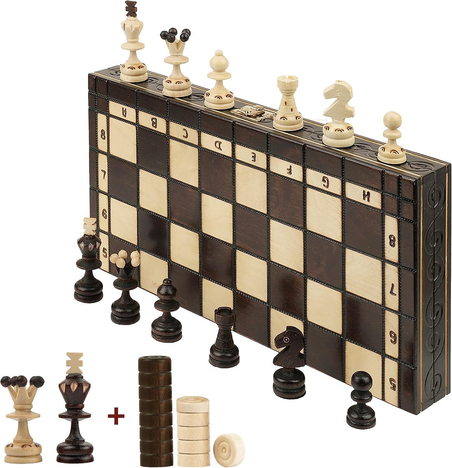 35cm Wooden Chess & Checkers Set | Foldable Travel Board | 2-in-1 Classic Game