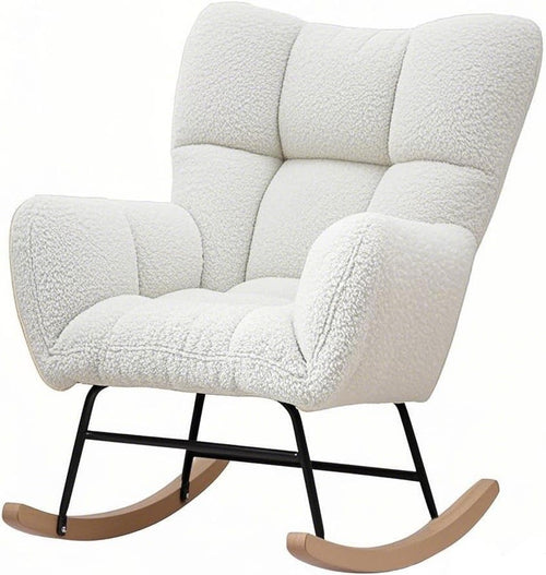 White Bouclé Rocking Chair with Arms, Comfy Sofa Accent Seat 49D x 54W
