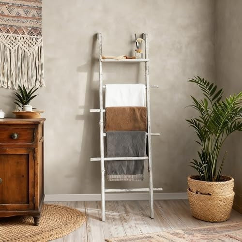 67in White Wood Blanket Ladder with Top Shelf Hooks 5-Tier Farmhouse Rack
