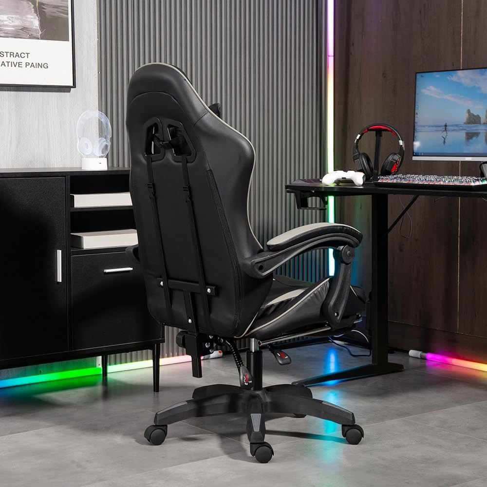 Reclining Gaming Chair w/ Footrest Swivel Gas Lift Grey