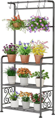 3 Tier Metal Plant Stand with Hanging Rod Indoor Outdoor Flower Shelf Black