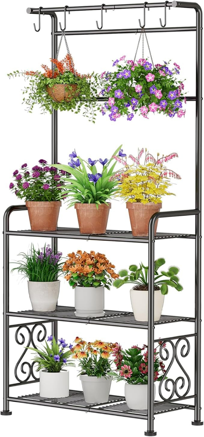 3 Tier Metal Plant Stand with Hanging Rod Indoor Outdoor Flower Shelf Black