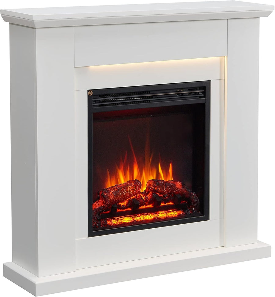 Electric Fireplace Heater 2kW White Freestanding LED Log Flame Effect Remote