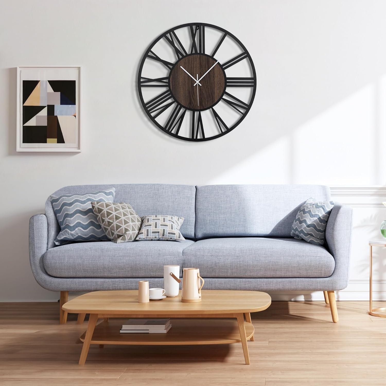 Large 50cm Silent Wall Clock Rustic Metal Wood Roman Numeral Home Decor