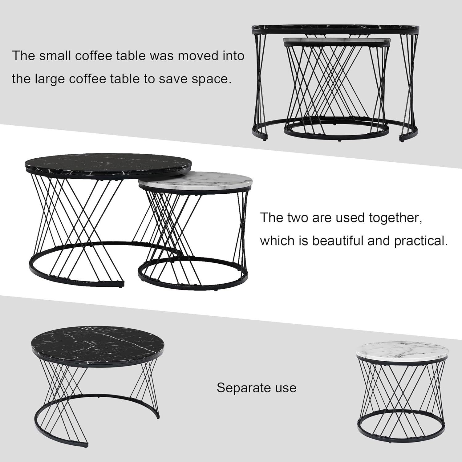 Space Saving Nesting Coffee Table Set Marble Look 2-in-1 Side End Tables