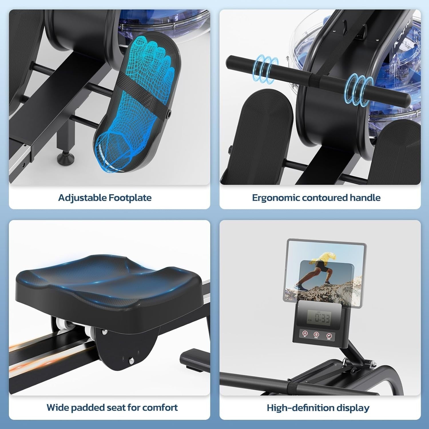 Water Rowing Machine 6-Level Adjustable Resistance Bluetooth LCD Home Rower