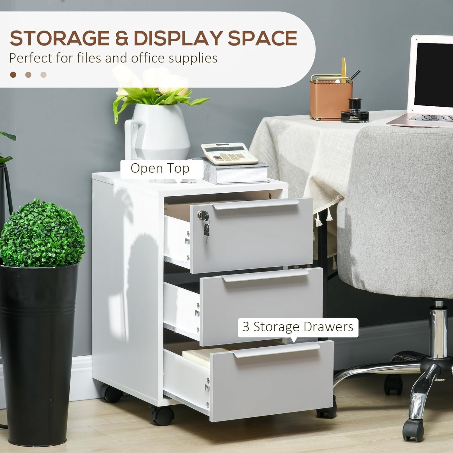 Locking 3 Drawer Rolling File Cabinet Under Desk Office Storage Unit