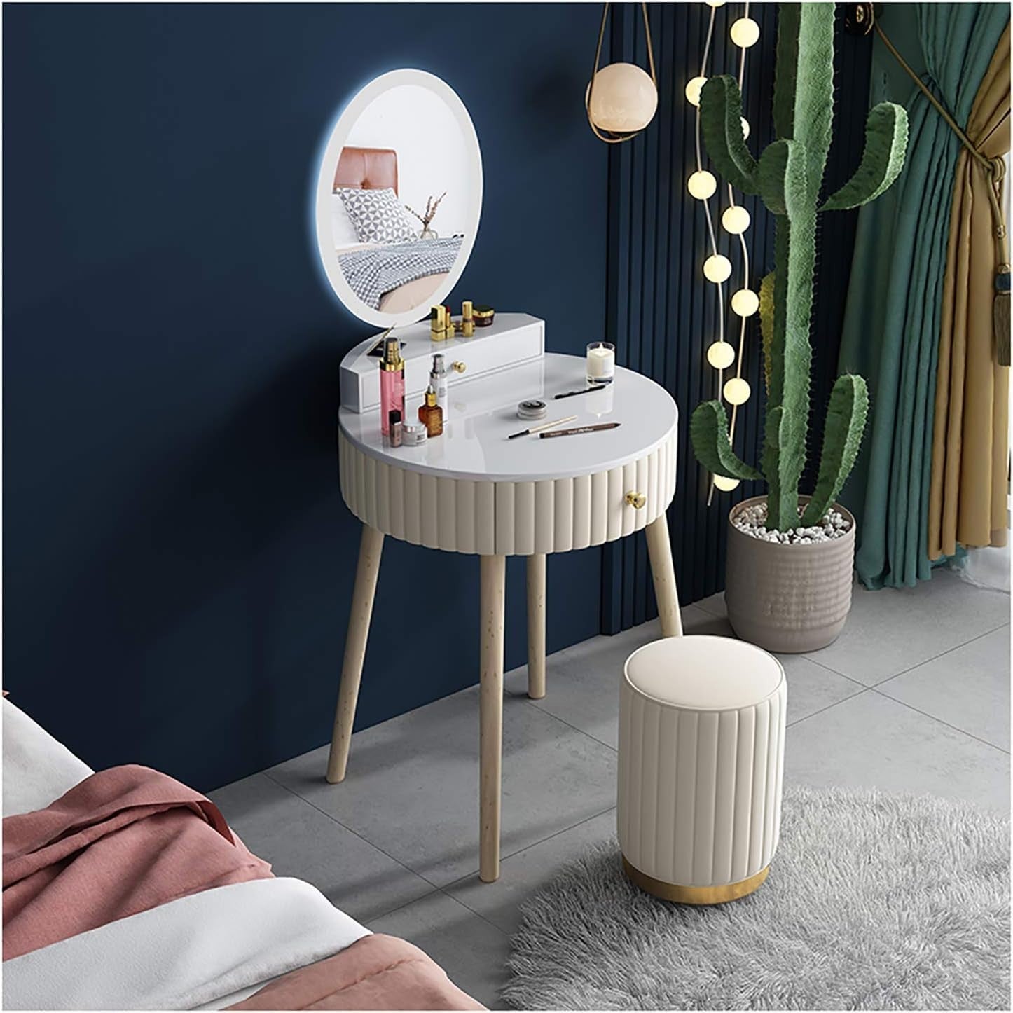Makeup Vanity Dressing Table Set Marble Top Velvet Beige Drawers Adjustable
