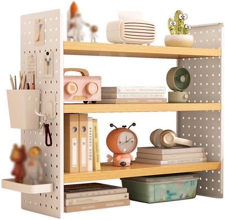3-Tier Desktop Bookshelf Organizer | White Desk Hutch w/ Grid Boards 50cm