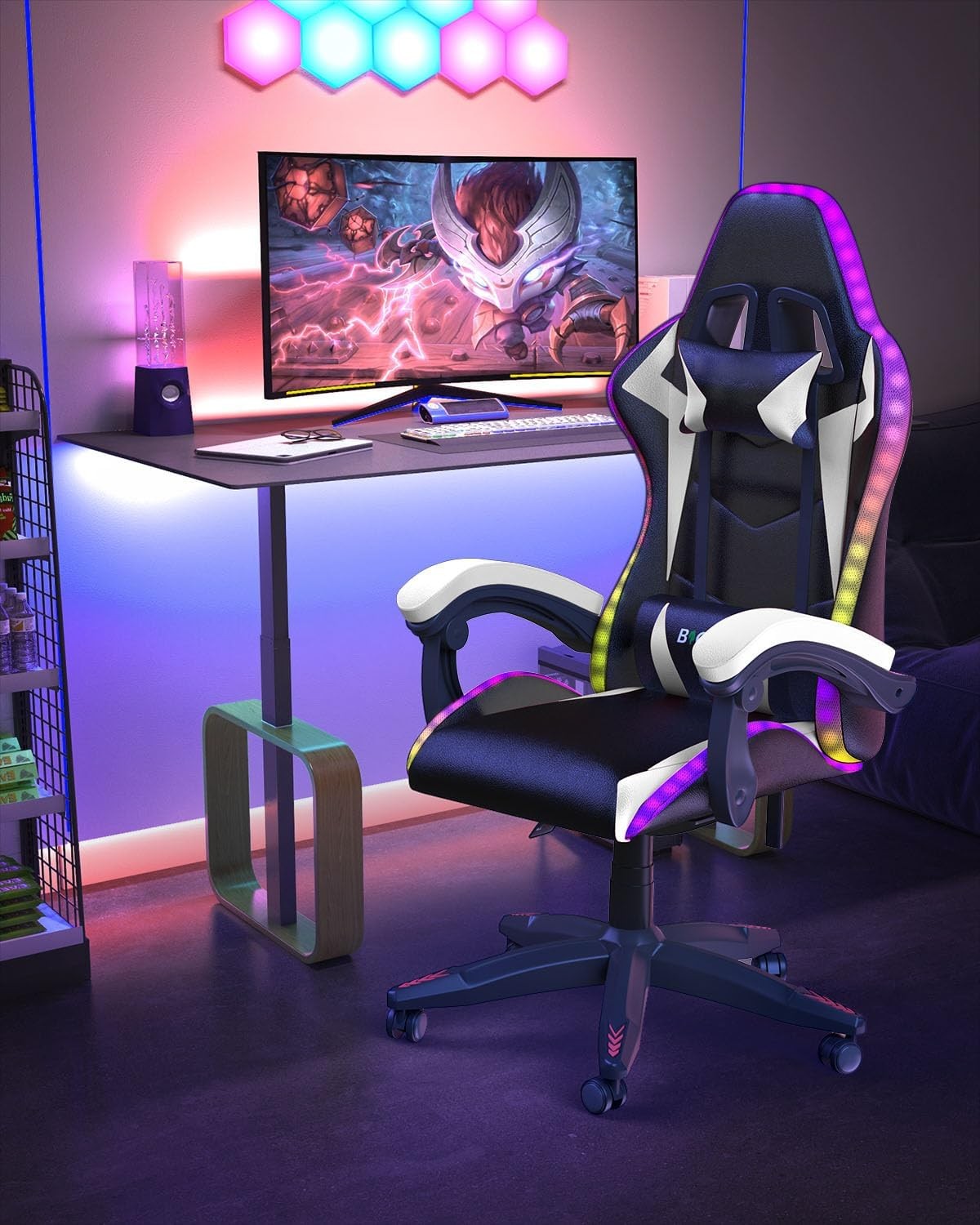 Ergonomic Gaming Chair with LED Lights & Lumbar Support – White