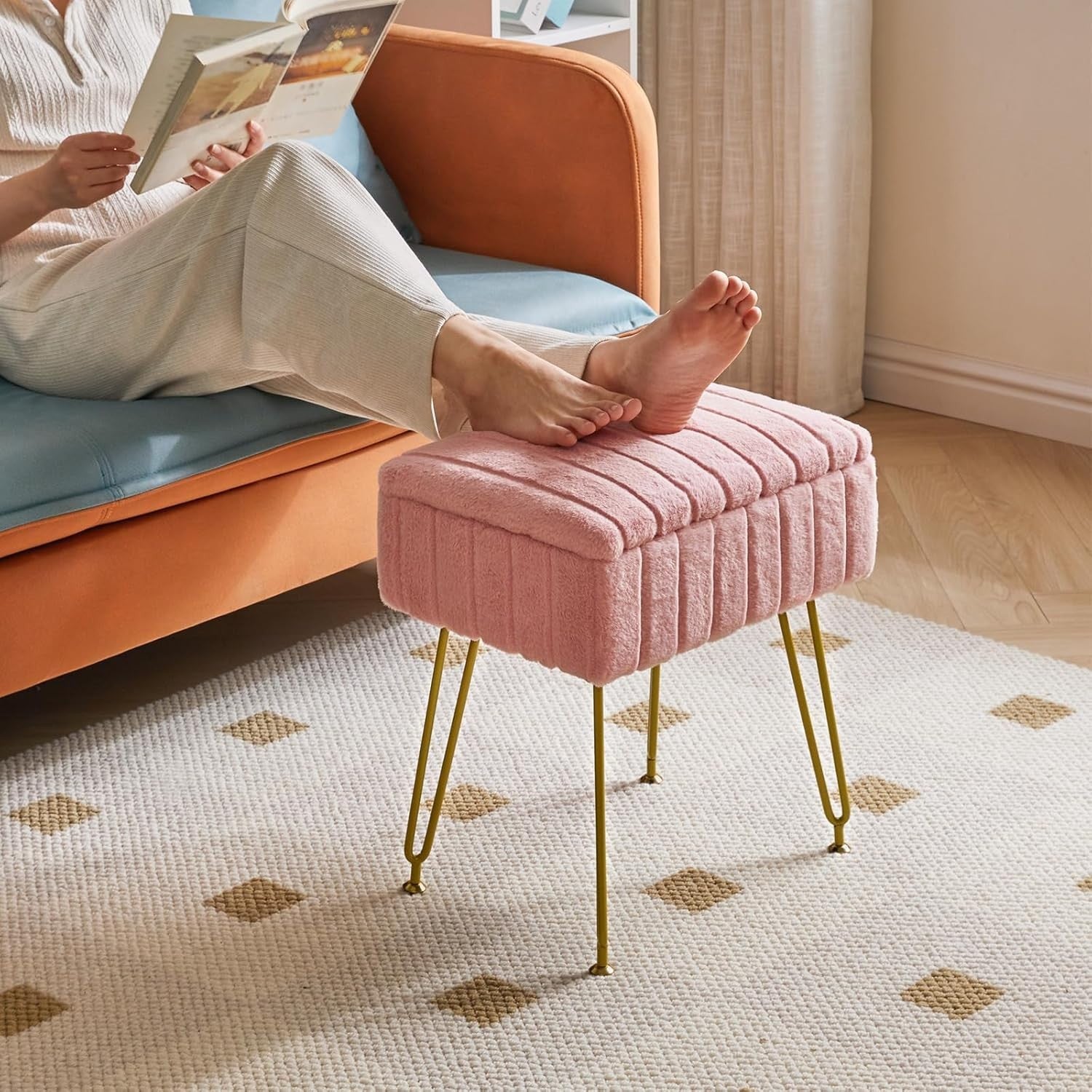 Pink Velvet Storage Footstool with Metal Legs – Rectangular Vanity Stool