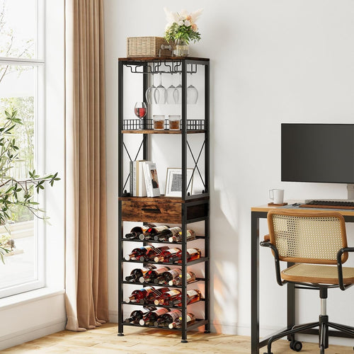 Tall Wine Rack Cabinet with Drawer & Glass Holder, 20 Bottle Storage Shelf Stand