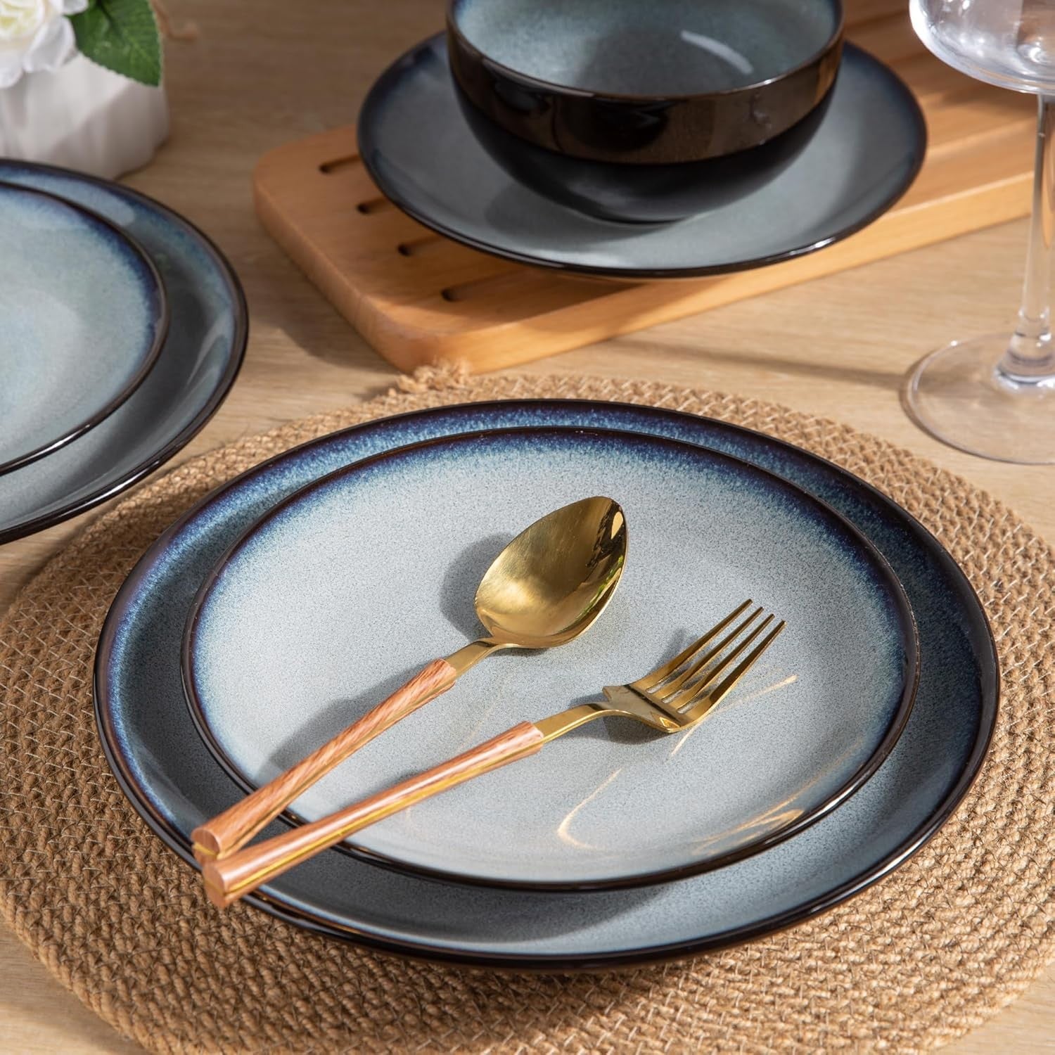 12pc Stoneware Dinner Set Plates Bowls Dishwasher Microwave Safe Blue