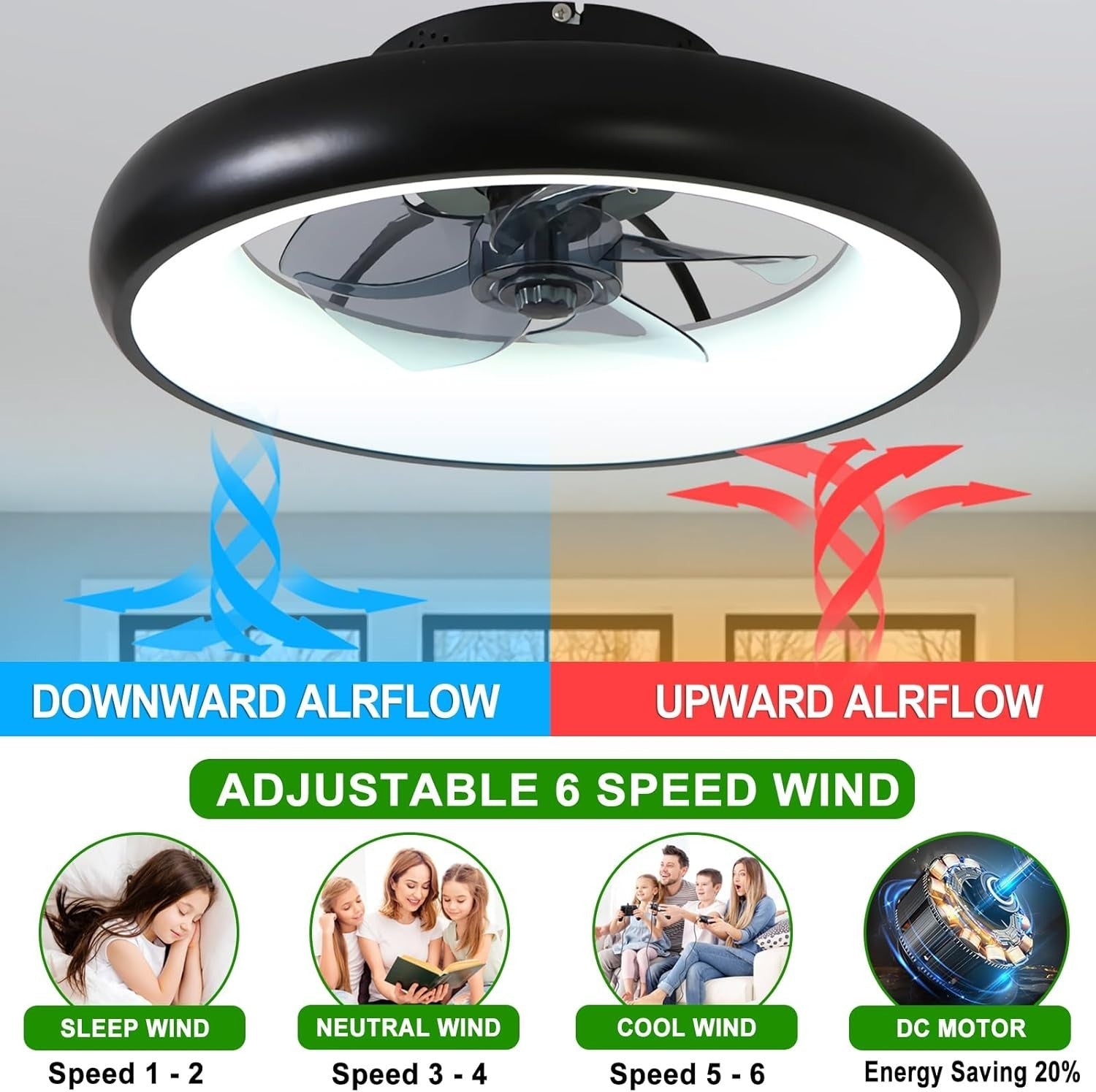 Exlafi 48CM Modern Ceiling Fan with LED Light, 6-Speed, Dimmable, Remote, Quiet