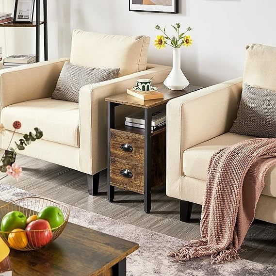 Rustic Brown Slim Bedside Table with 2 Drawers & Shelf | Industrial Side Unit