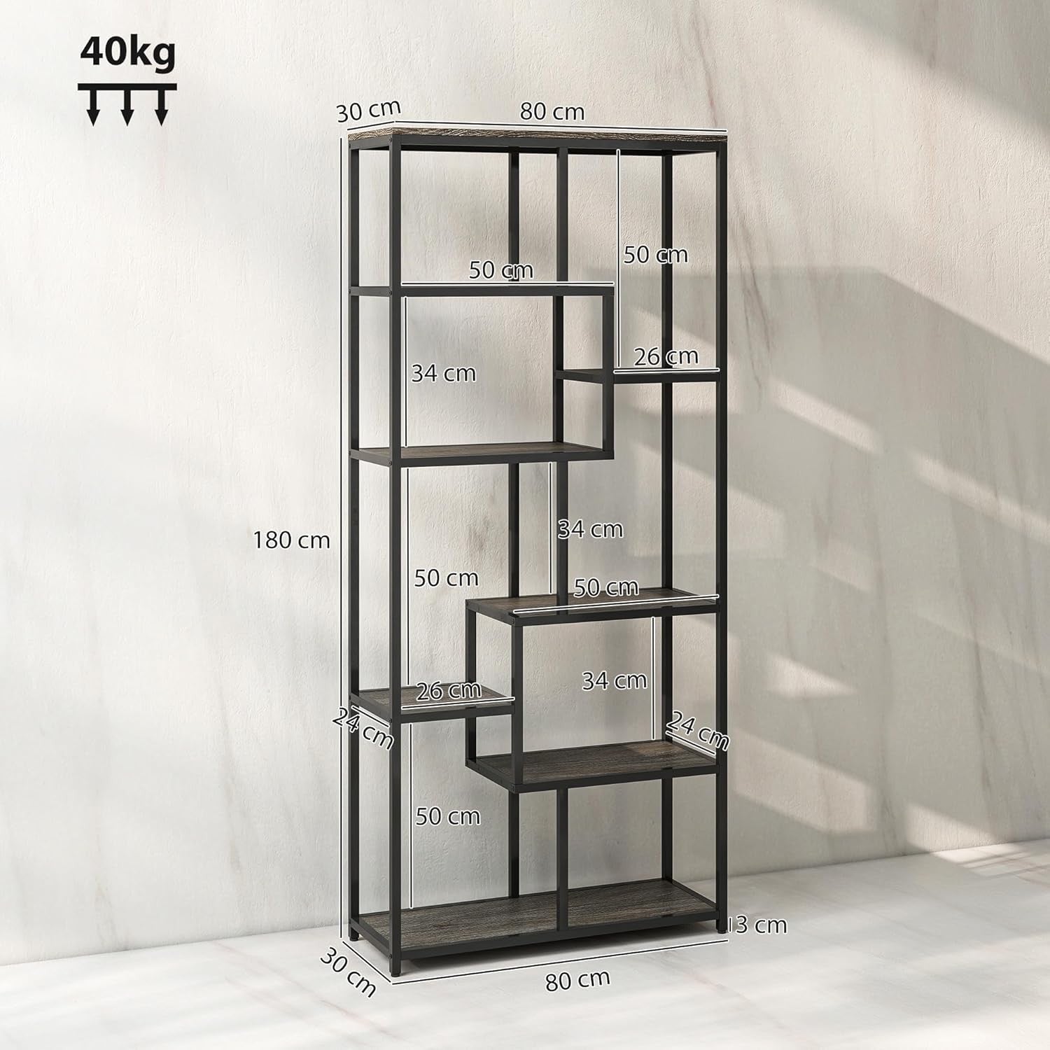 7-Tier Industrial Bookcase | Grey & Black Geometric Shelf Unit for Home & Office