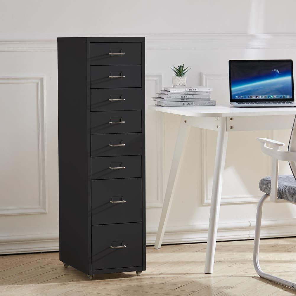 Black Tall Rolling Drawer Tower 8 Tier Metal Mobile File Storage
