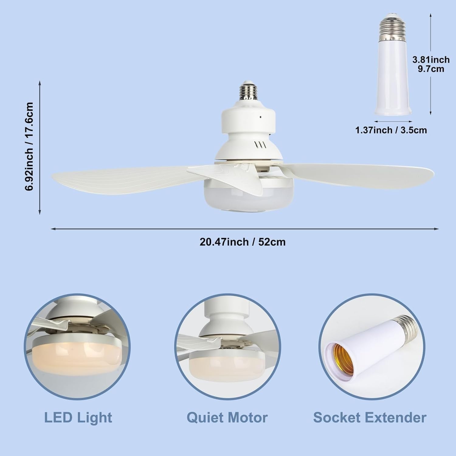 DGE E27 Fan Light, 3 Speeds, Dimmable LED, Remote, for Kitchen, Garage, Bedroom