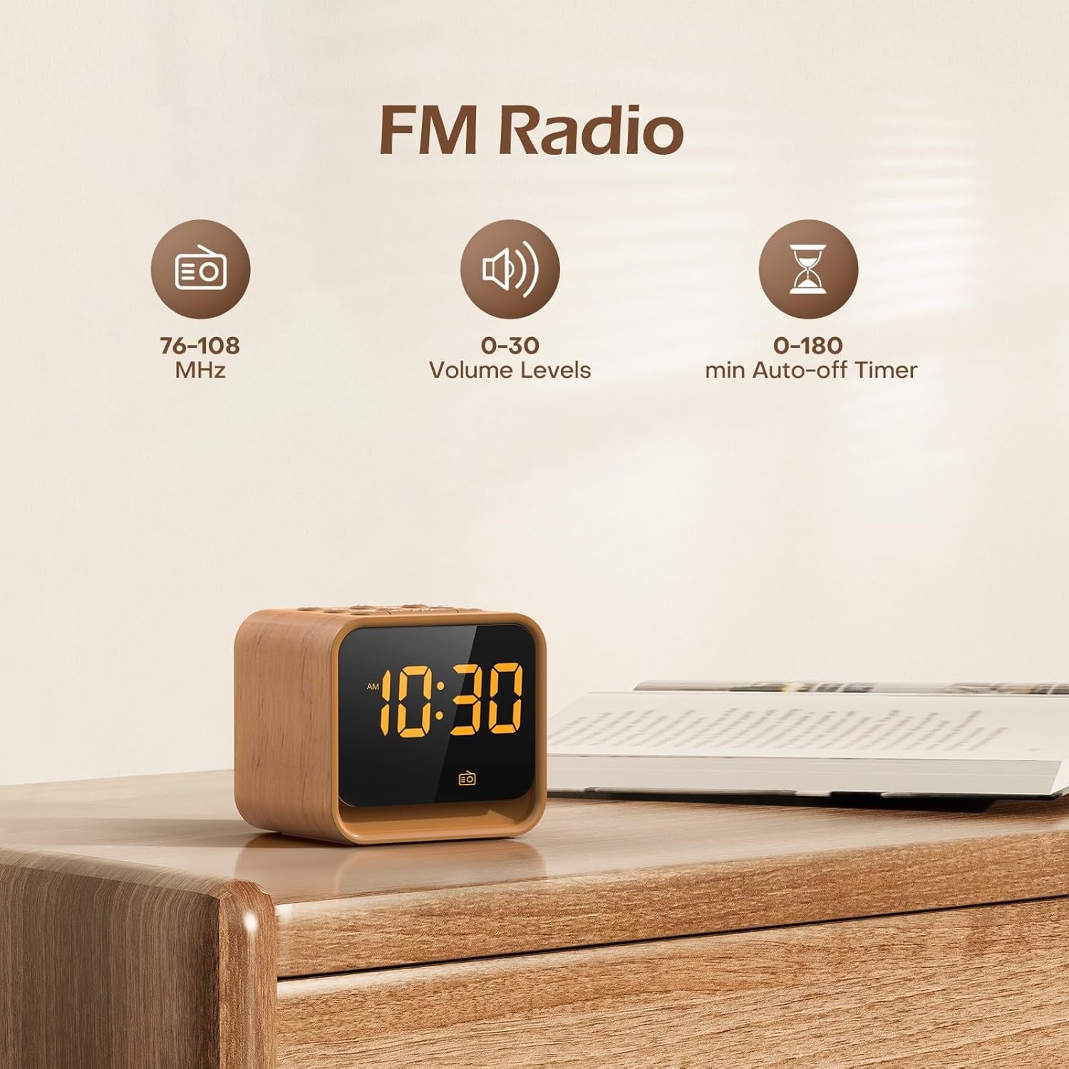 FM Radio Alarm Clock White Noise Dimmable Display Night Light Bedside