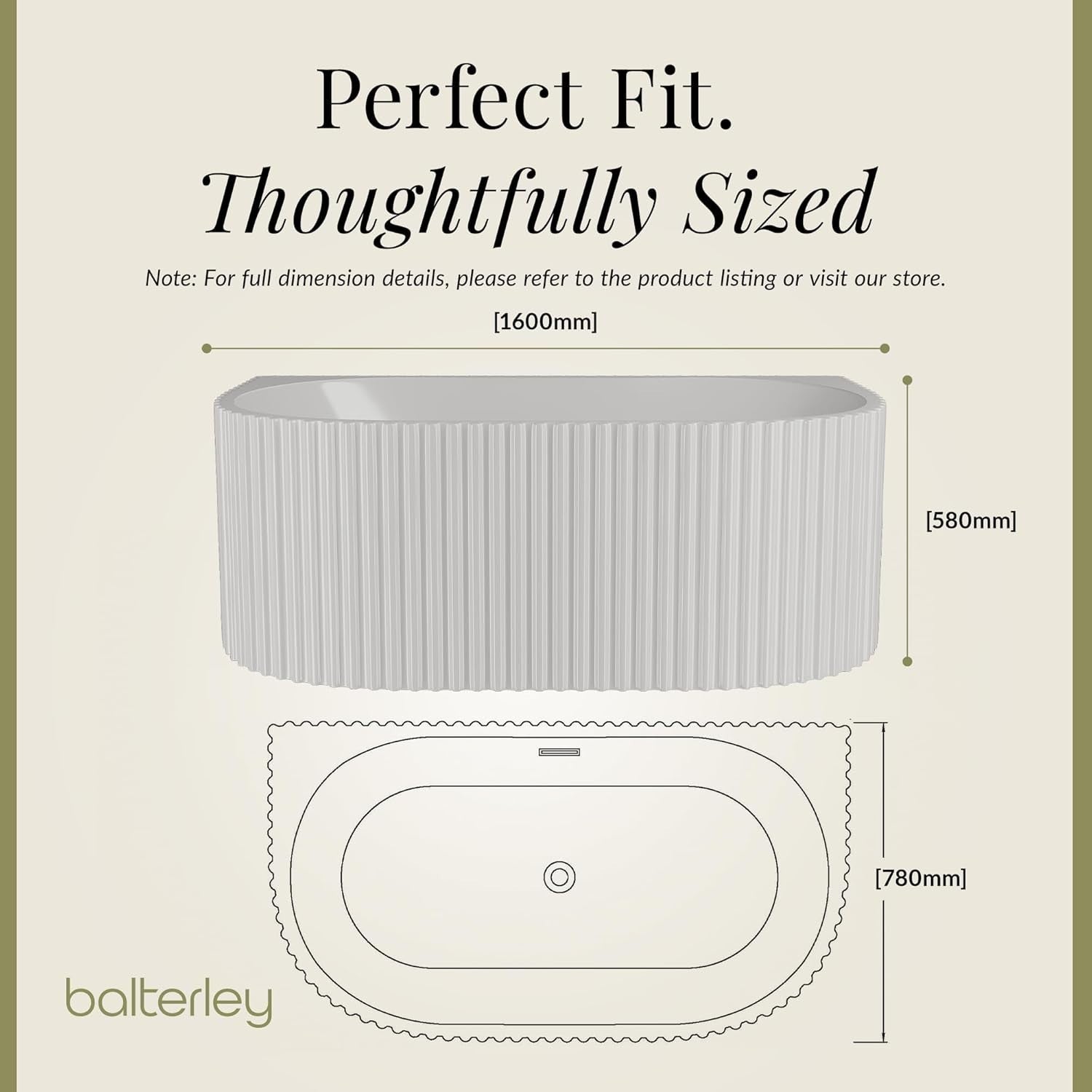 1600x780mm Oval Back-to-Wall Acrylic Bath White Fluted Soaking Tub