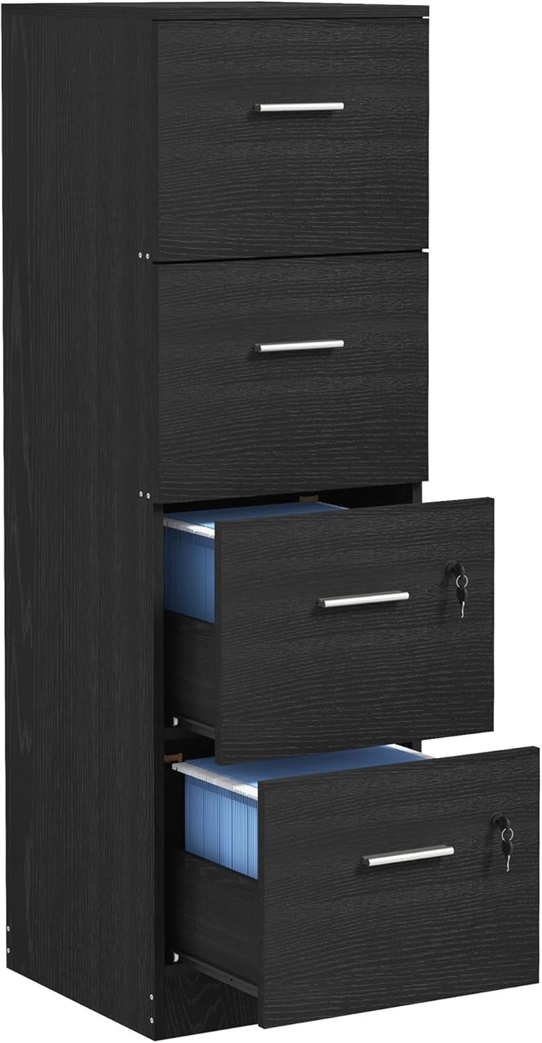 4 Drawer Vertical Filing Cabinet with Lock Office Storage Wood Effect Black
