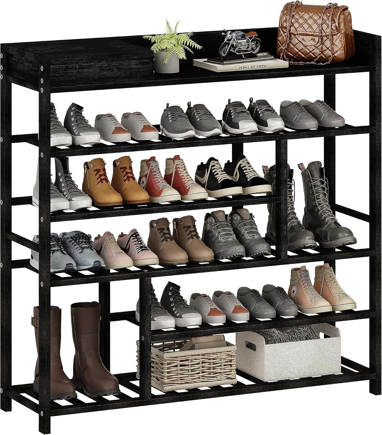 6 Tier Bamboo Shoe Rack Storage Shelf – Tall Black Entryway Organizer