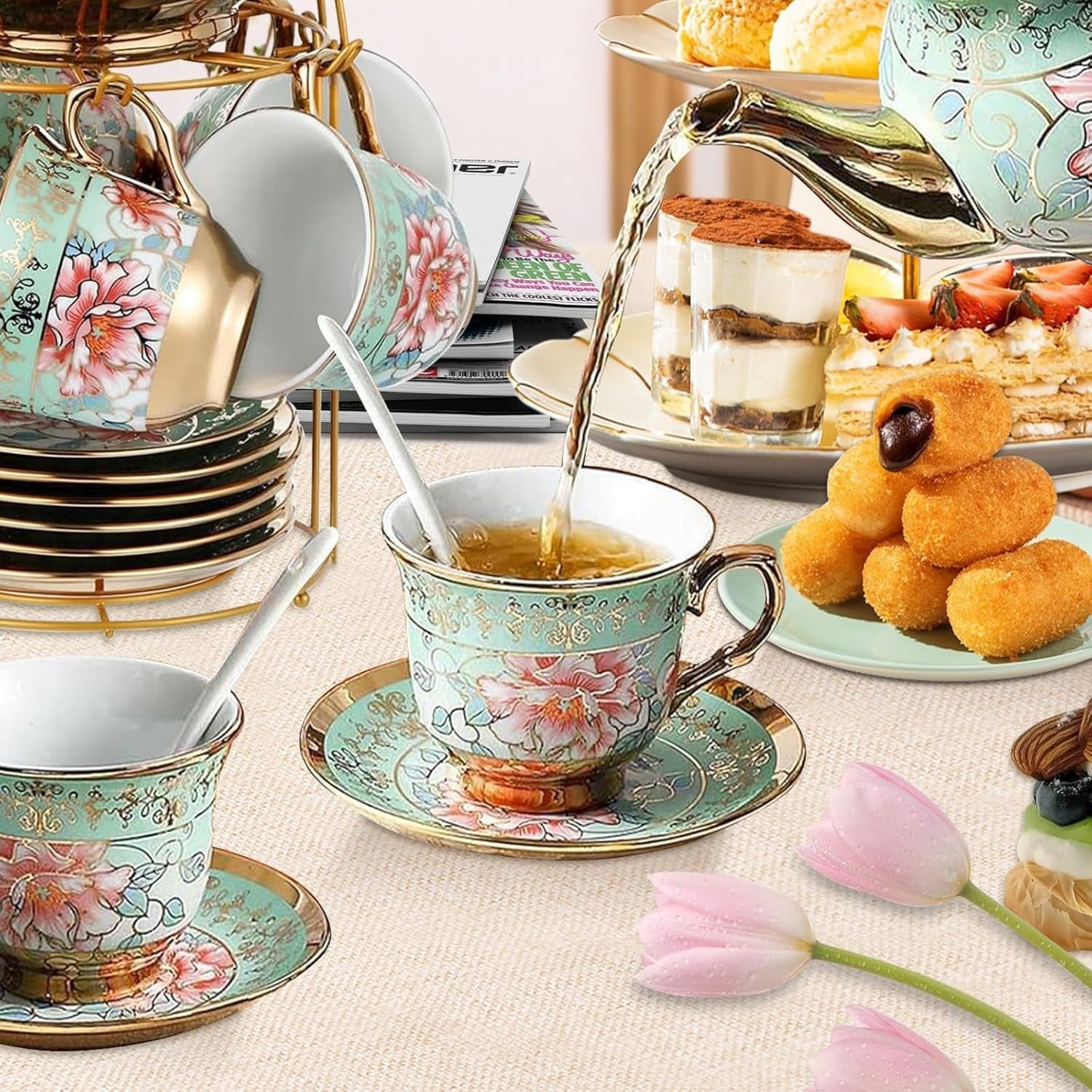 20Pc Green Porcelain Tea Set Gold Floral Teapot Cups Saucers Stand