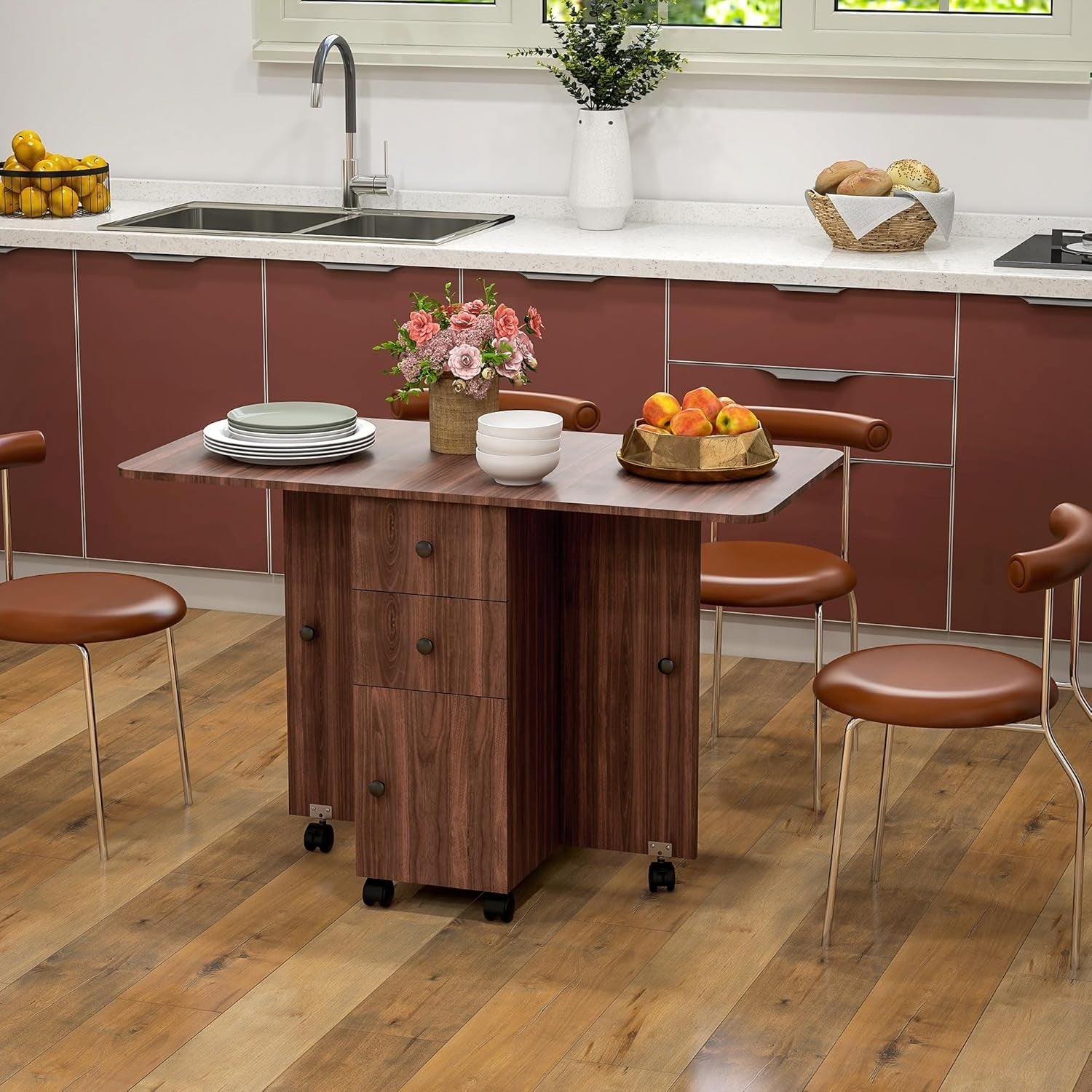 Folding Drop Leaf Dining Table 4-6 Seater on Wheels with Storage Brown