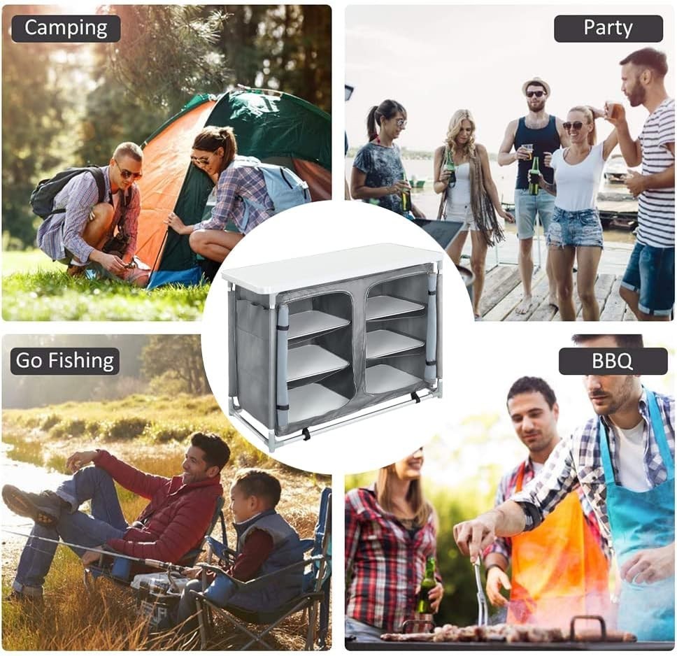 Portable Outdoor Camping Kitchen with 6 Shelves & Storage Bag, Foldable Table