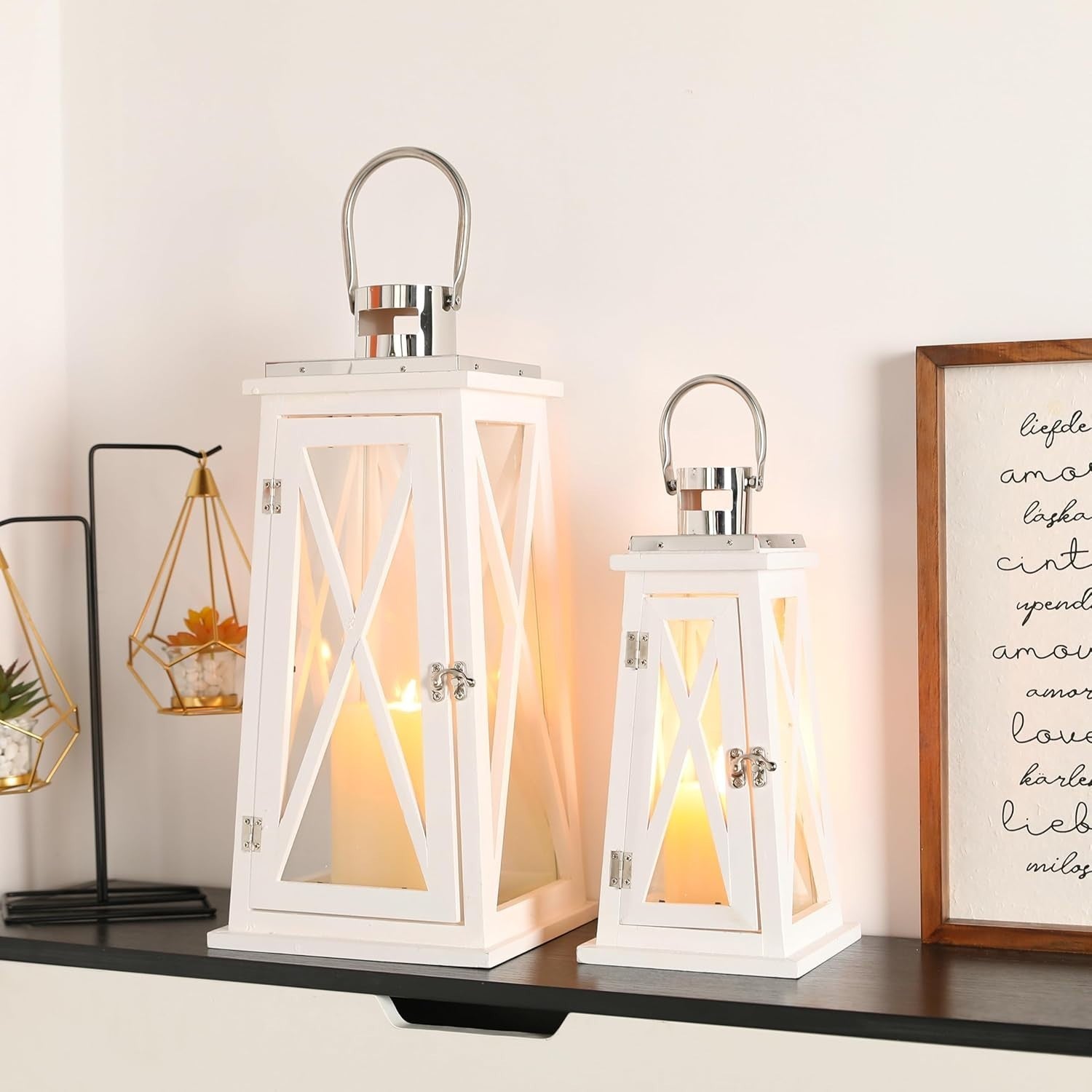 Set of 2 White Wooden Lanterns Rustic Candle Holders