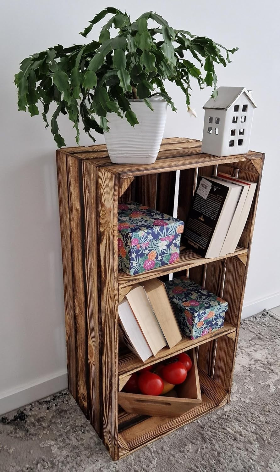 2 x Burnt Effect Wooden Crate with 2-Tier Shelf 40x30x75cm Rustic