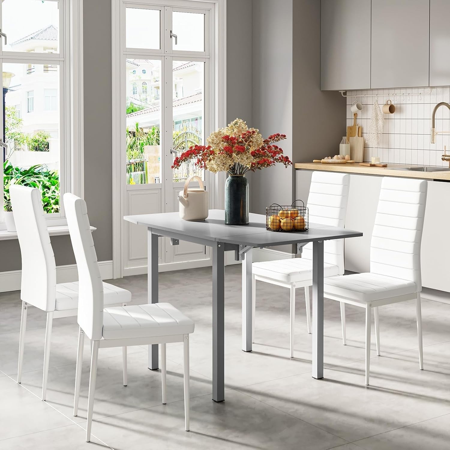 Space-Saving White Drop Leaf Dining Table & 2 High-Back Grey Leather Chairs