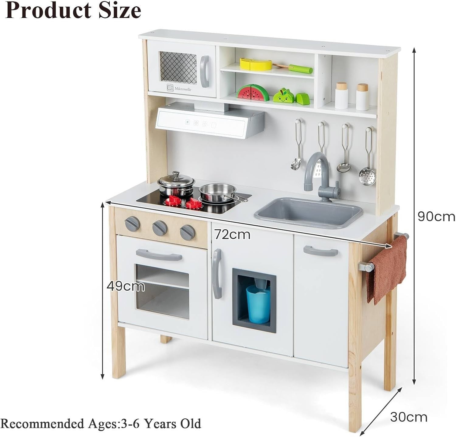 Wooden Kids Play Kitchen White Ice Maker Sound Cooking Toy Set