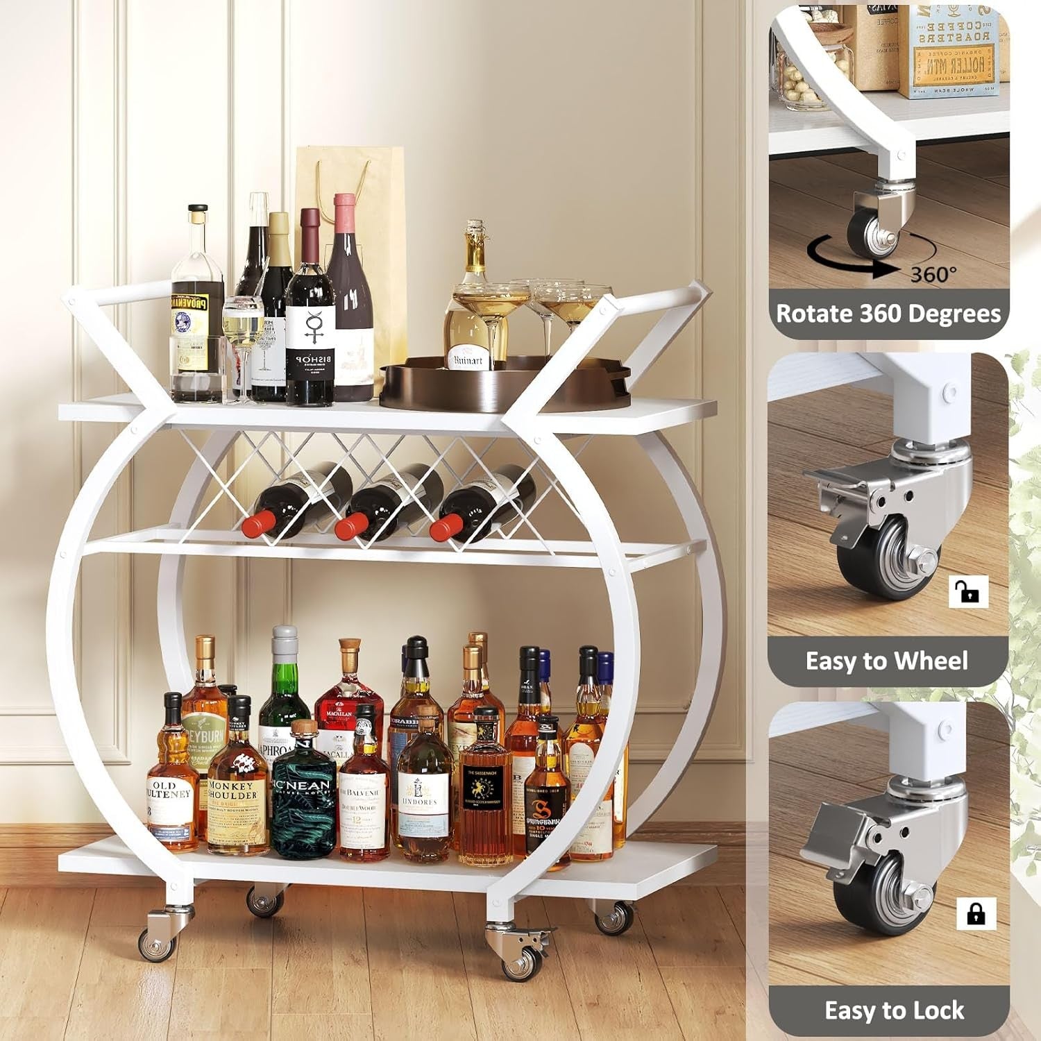 Rolling Bar Cart Drinks Trolley on Wheels Wine Rack Lockable Modern White