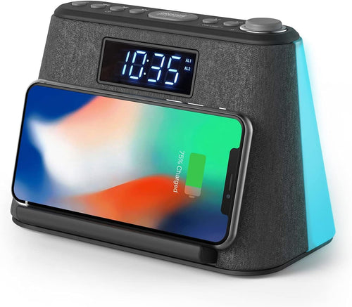 Wireless Charging Alarm Clock Bluetooth Speaker FM Radio Qi USB Night Light