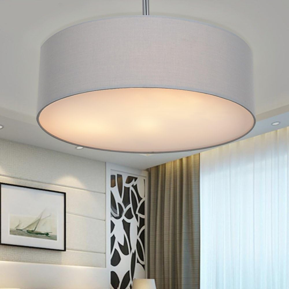Large Grey Drum Ceiling Light Fabric Pendant 3x E27 Modern 46cm